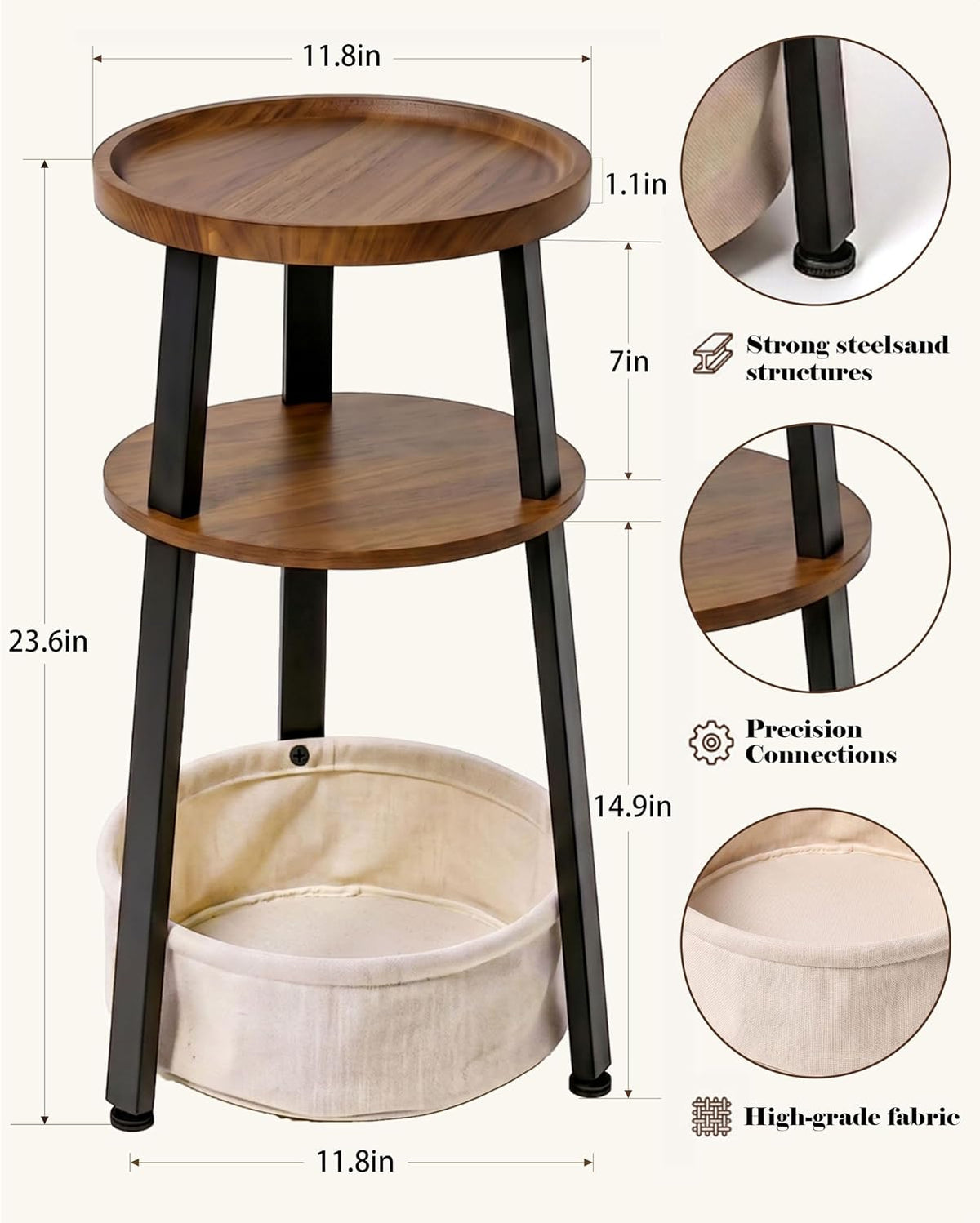 Small Round Side Table, 3-Tier End Table with Storage Basket