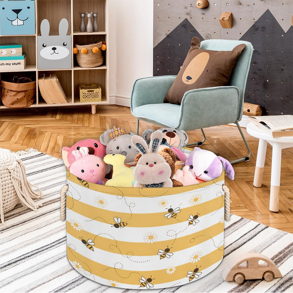 Animal Cute Bee Large Storage Basket Honeycomb Bee Round Laundry Basket with Handle Organization Collapsible Storage Bins Box Hamper for Kids Toy Clothes Nursery Bedroom Living Room Decor