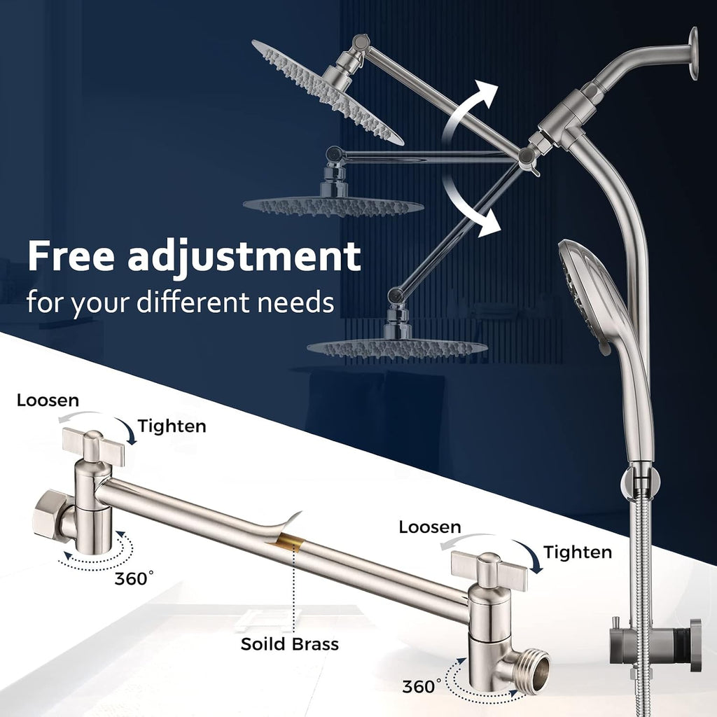 Rainfall 8 Inch Round Shower Head with High Pressure Handheld Spray Combo, Drill-Free Slide Bar with Adjustable Shower Extension Arm, 3-Way Diverter for Easy Reach, 5Ft Hose- Brushed Nickel