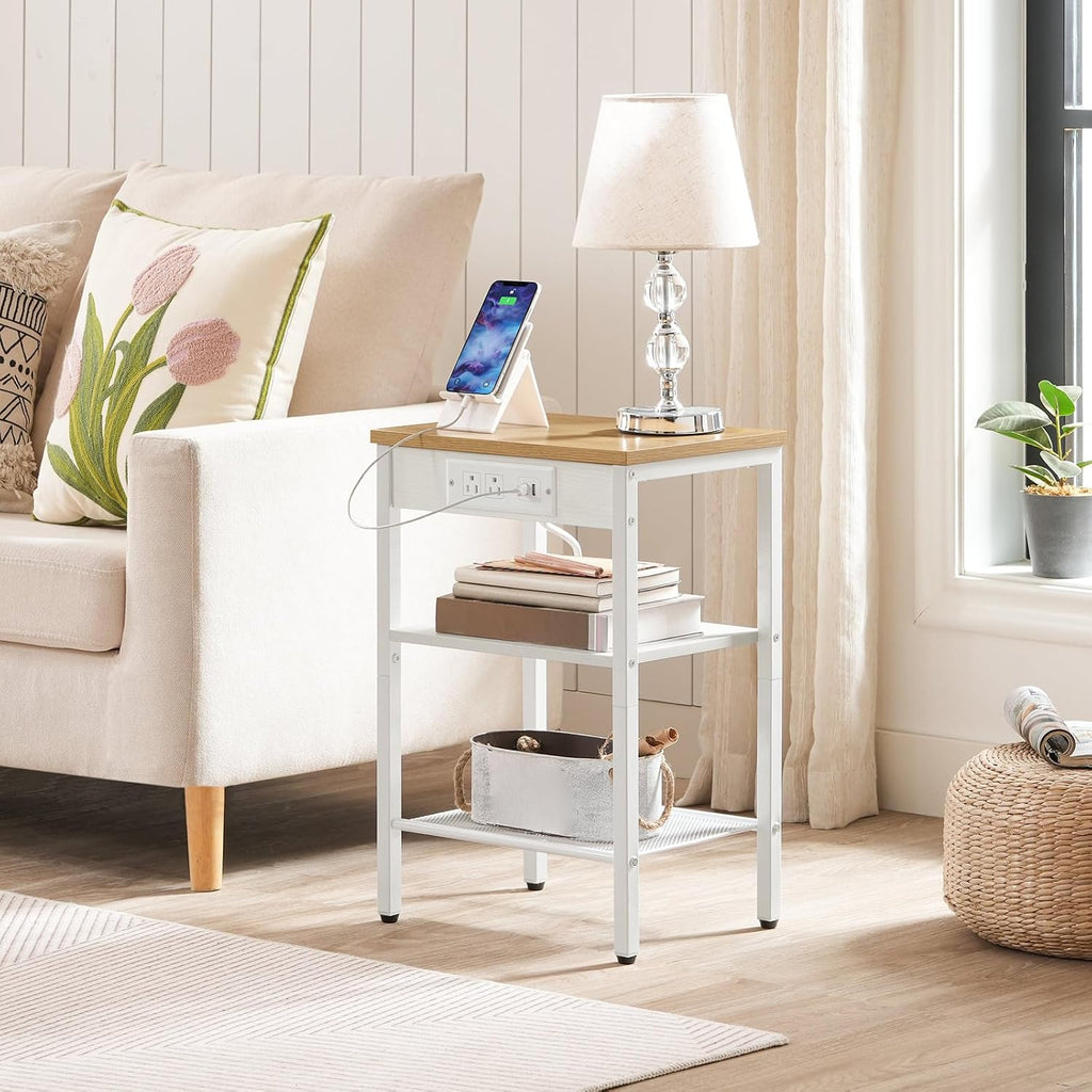 HOOBRO Side Table with Charging Station, Small End Table for Small Space