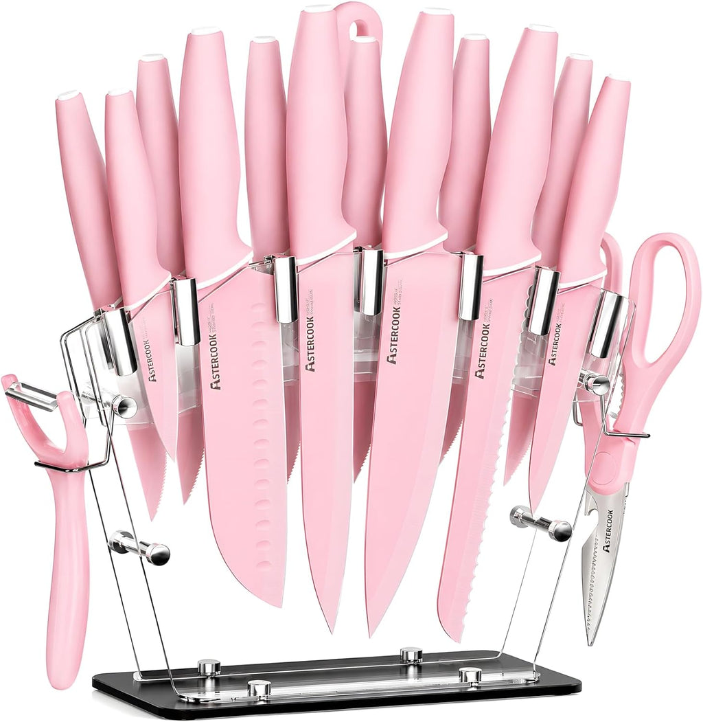 Astercook 22 Piece Kitchen Knife Set with Block and Sharpener, Pink