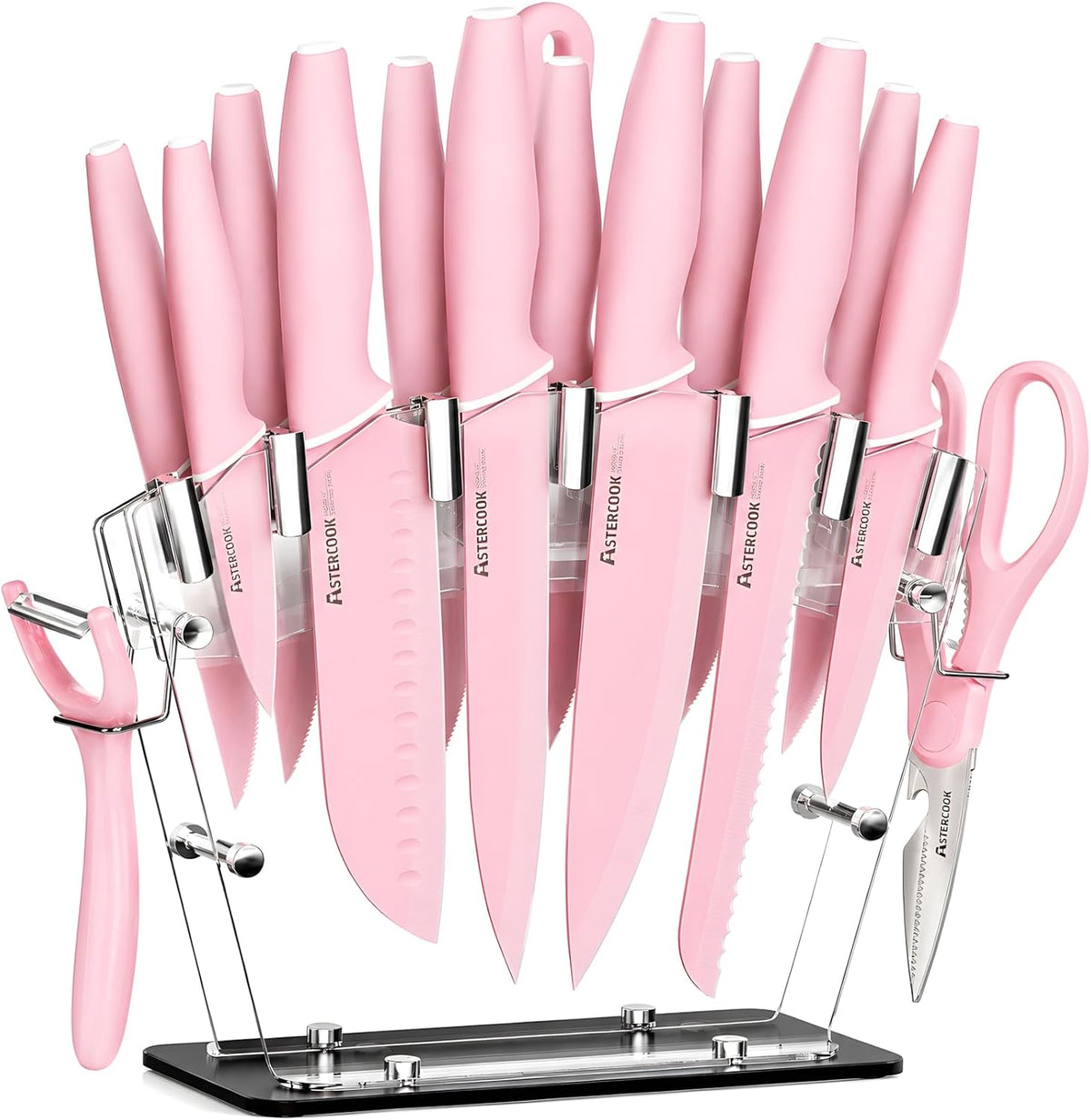 Astercook 22 Piece Kitchen Knife Set with Block and Sharpener, Pink