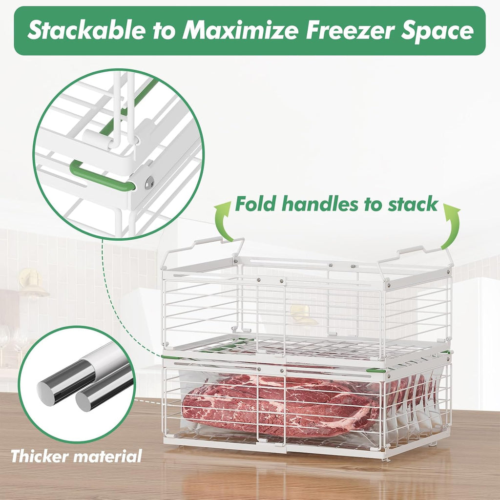 ADRIMER Freezer Organizer Bins, 4 Packs Foldable & Stackable Chest Freezer Organizer Bins with Adjustable Length 11-17.3", Metal Wire Storage Baskets for Upright Freezer, Deep Freezer, Pantry, White