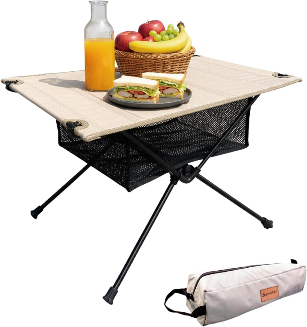 NACETURE Camping Table with Folding Legs and Mesh Storage Basket for Food, Coffee, or Camp Grill Accessories, Lightweight and Portable for Outdoor, Backpacking, Hiking, and Travel