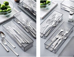 Transparent Flatware Tray Kitchen Drawer Organizer With Lid - Plastic Kitchen Cutlery Tray and Utensil Silverware Storage Container with Cover - Dinnerware Holder for Spoons Forks Knives