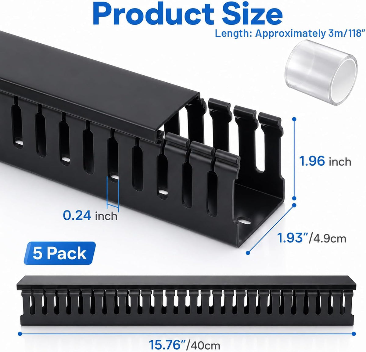 5 Pack 15.7" No-Drill Cable Raceway PVC Cord Cover Set, 1.96" H x 1.93" W