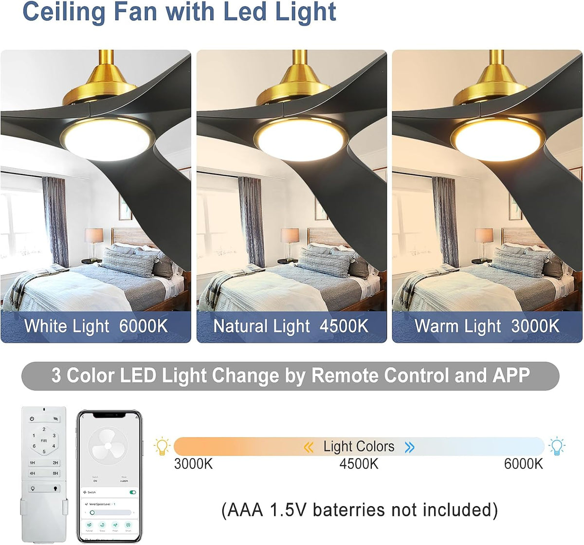 Modern Ceiling Fan with Light: Black and Gold Ceiling Fans with Remote and Smart APP Control 3 Blades - 52 Inch Ceiling Fan for Indoor Living Room Bedroom