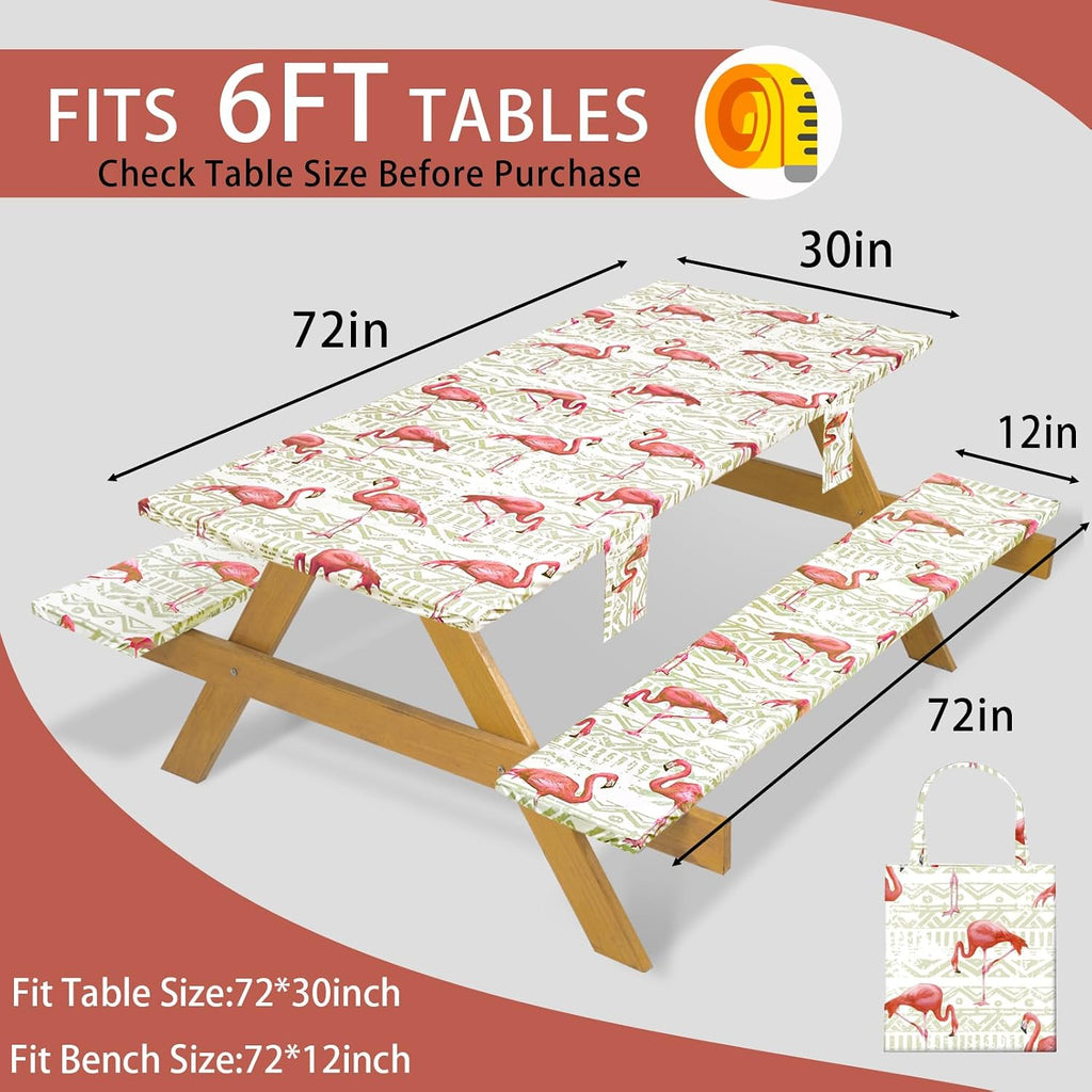Fitted Waterproof Picnic Table Cover with Bench Covers Heavy Duty Elastic Outdoor Camping Tablecloth for 6 Foot Rectangle Tables Summer Rv Accessories Patio Garden Road Trip Essentials Gifts