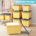 72 Quart Plastic Storage Bin On The Wheels, Stackable and Nestable Storage Boxes with Lids and Secure Latching Buckles, Large Storage Container (Yellow/Purple, 72Quart-6Pack)