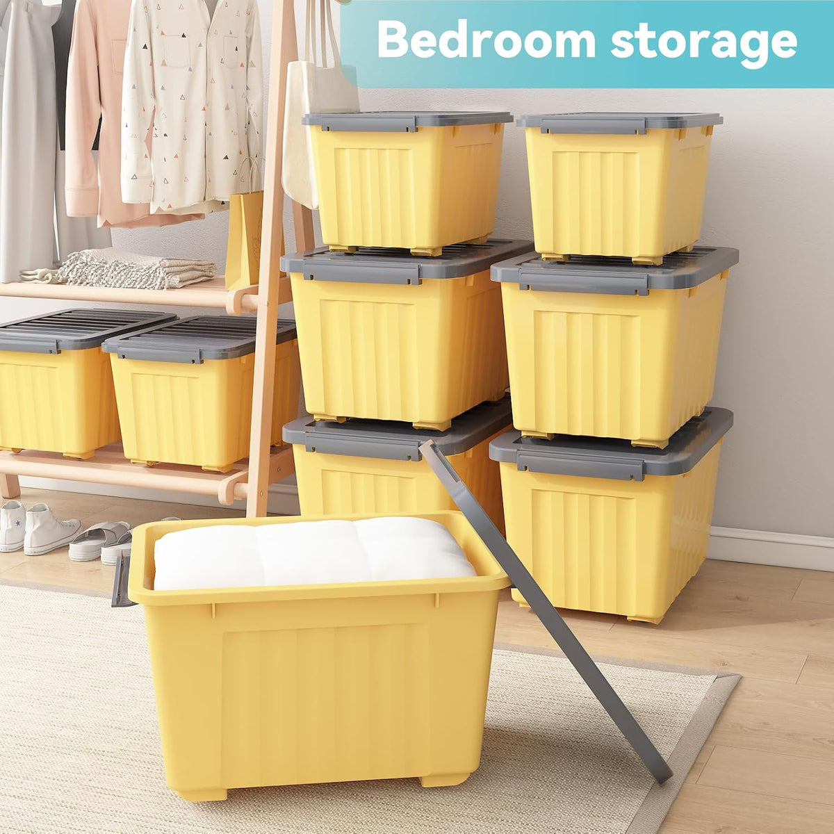 72 Quart Plastic Storage Bin On The Wheels, Stackable and Nestable Storage Boxes with Lids and Secure Latching Buckles, Large Storage Container (Yellow/Purple, 72Quart-6Pack)