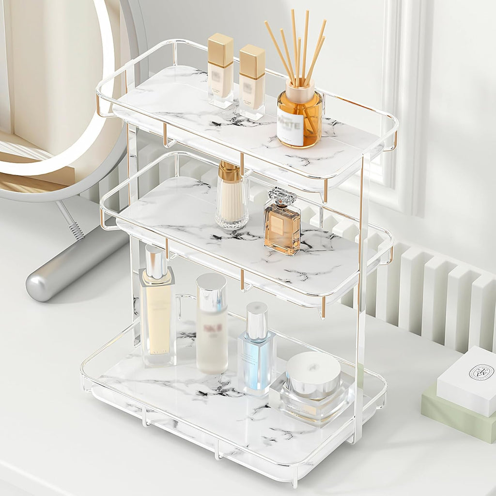 Bathroom Organizer Countertop Perfume Organizer Makeup Organizer Cosmetics Storage Display Rack Vanity Tray Dresser Stainless Steel Gold Shelf White Marble Ceramic Tray