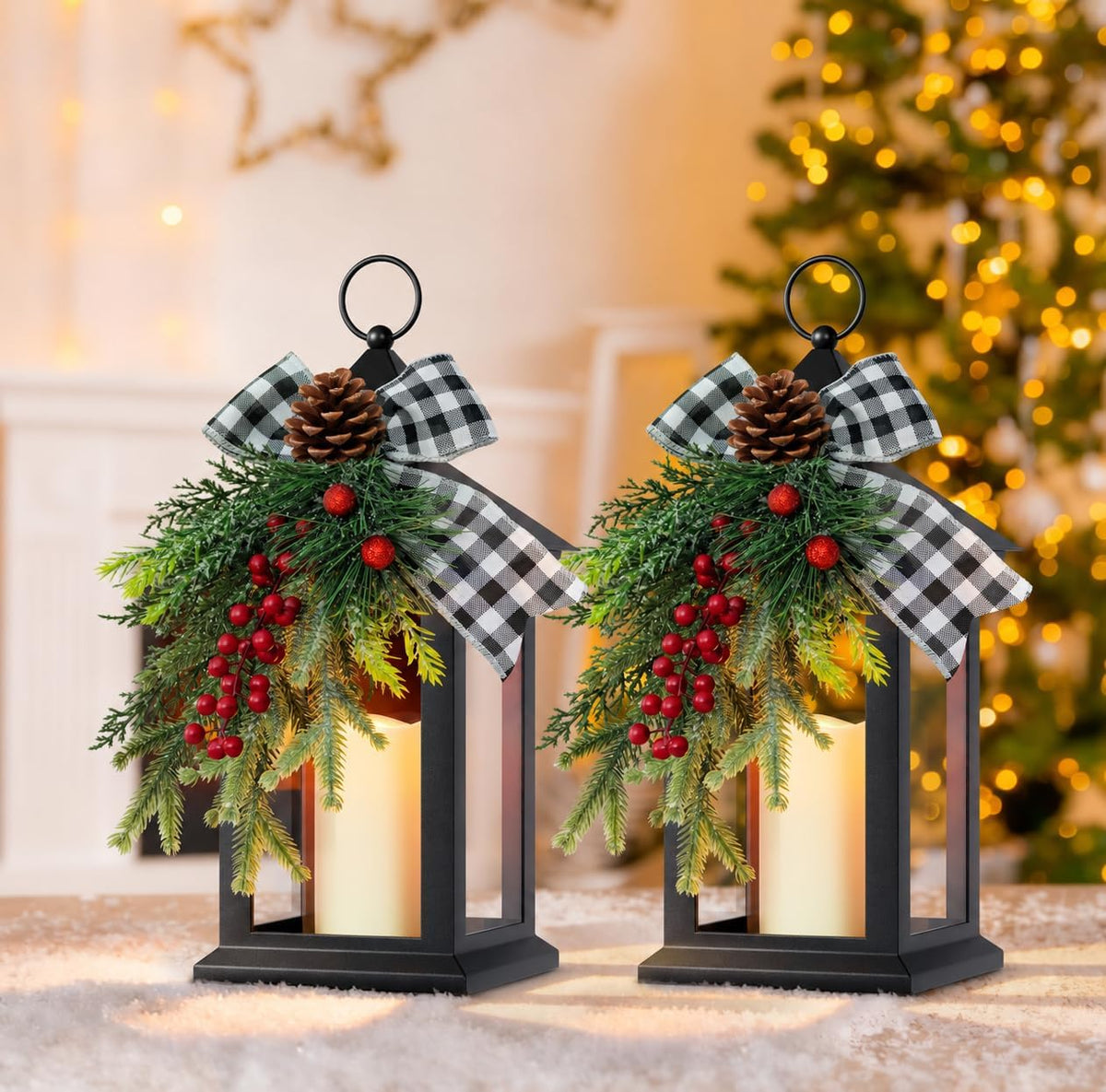 Lanterns Decorative Indoor, 2 Pack Black Decorative Flameless Candle Lanterns with Timer, Vintage 14" Waterproof Hanging Outdoor Lanterns, Battery Operated for Porch, Patio, Wedding Decor