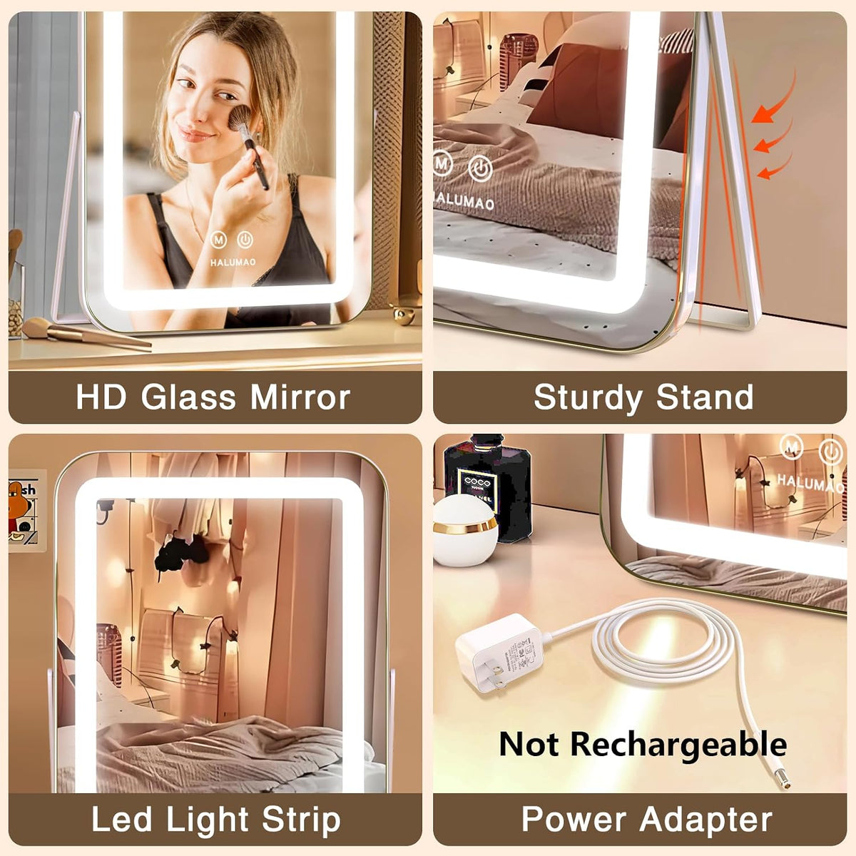 halumao Vanity Mirror with Lights, 14.5" Light Up Makeup Mirror, LED Makeup Mirror with Lights for Bedroom Tabletop, Smart Touch Control 3 Colors Dimmable, 360° Rotation