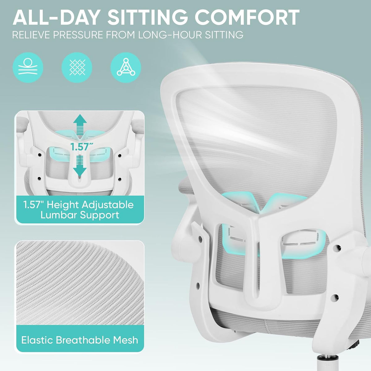 Office Chair, Ergonomic Desk Chair with Adjustable Lumbar Support and Flip up Armrest, Breathable Mesh Computer Chair for Home Office & Rolling Work Swivel Task Chairs