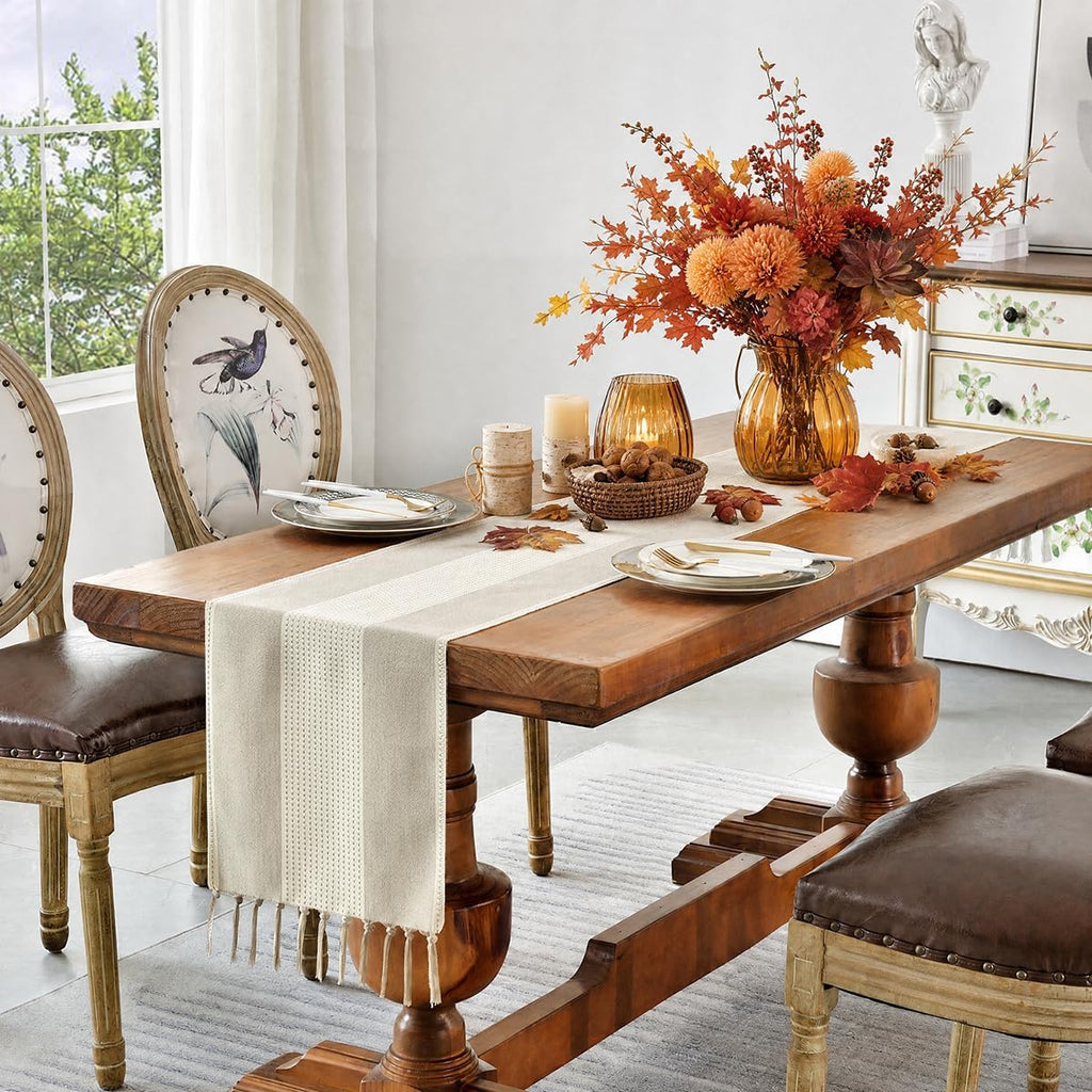 Wracra Linen Table Runner, Stripe Table Runners 72 Inches Long Light Coffee