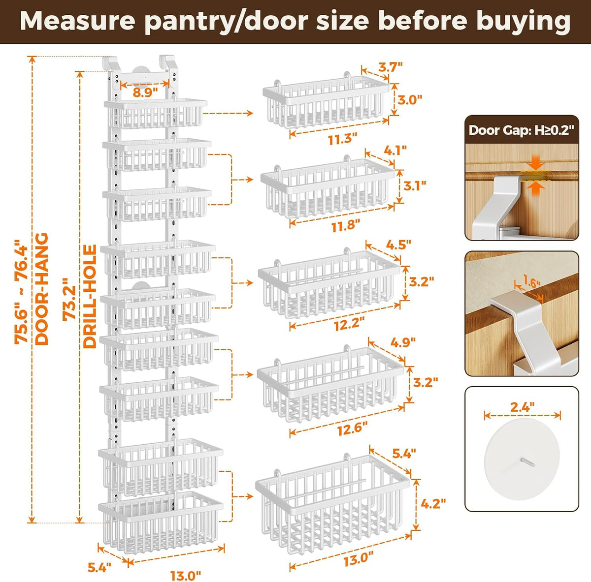 9 Tier Narrow Over The Door Pantry Organizer, 2 in 1 Wall Mount or Hanging Spice Rack with Adjustable Deep Basket, Heavy-Duty Seasoning Organizer and Storage for Kitchen Closet Bathroom (White)