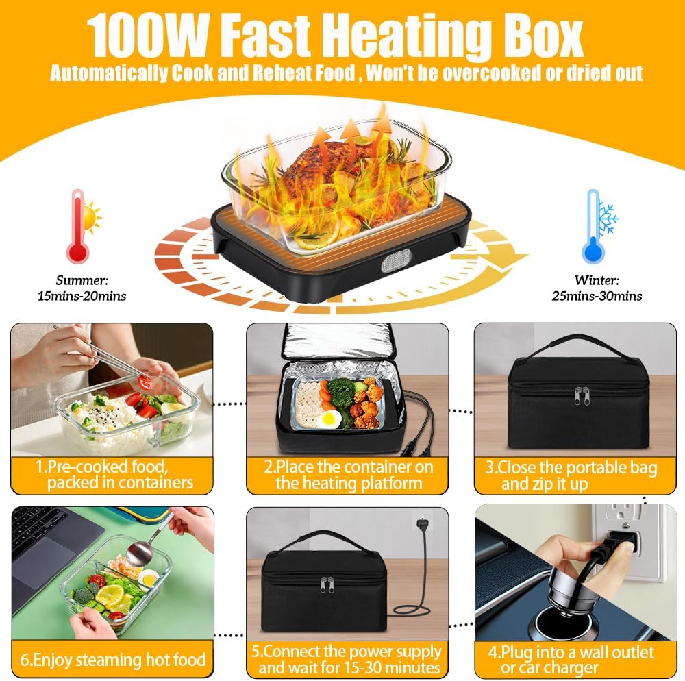 Portable Oven 100W Food Warmer, 12V/24V/110V Electric Lunch Box Food Heater for Adults, 3-in-1 Personal Microwave Oven/Heated Lunch Box for Car/Truck/Home/Office/Travel/Hotel/Outdoor Use