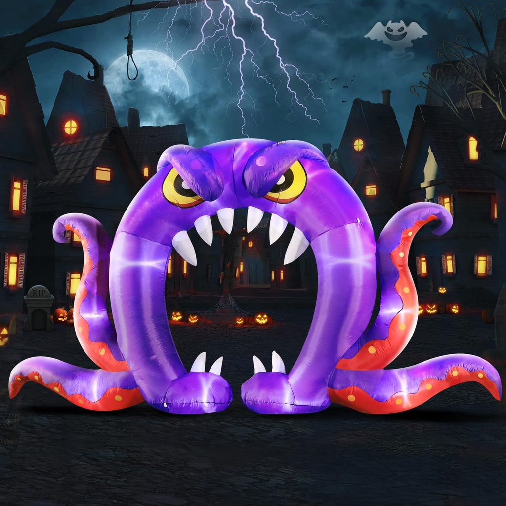 DomKom Halloween Inflatable Blow Up Decorations, 16FT Long 8FT Tall Purple Monster Octopus Archway, Built-in LEDs for Holiday Party, Garden, Lawn, Yard, Patio Décor