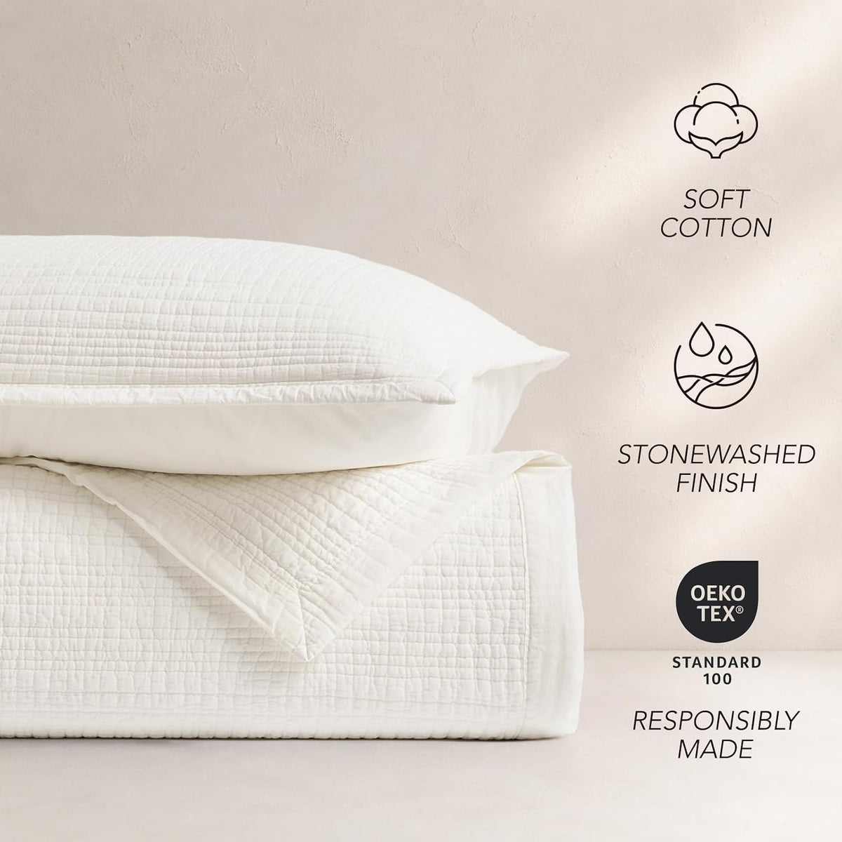 EverGrace Stonewashed Textured Cotton Quilt Set, King Size, Ivory White