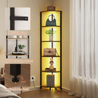 6-Tier Corner Shelf with LED Lights - 65" Tall Narrow Bookshelf, Standing Shelf with Storage Rack, Sturdy Metal Frame & Waterproof Shelves, Rustic Brown, for Living Room/Bedroom/Bathroom