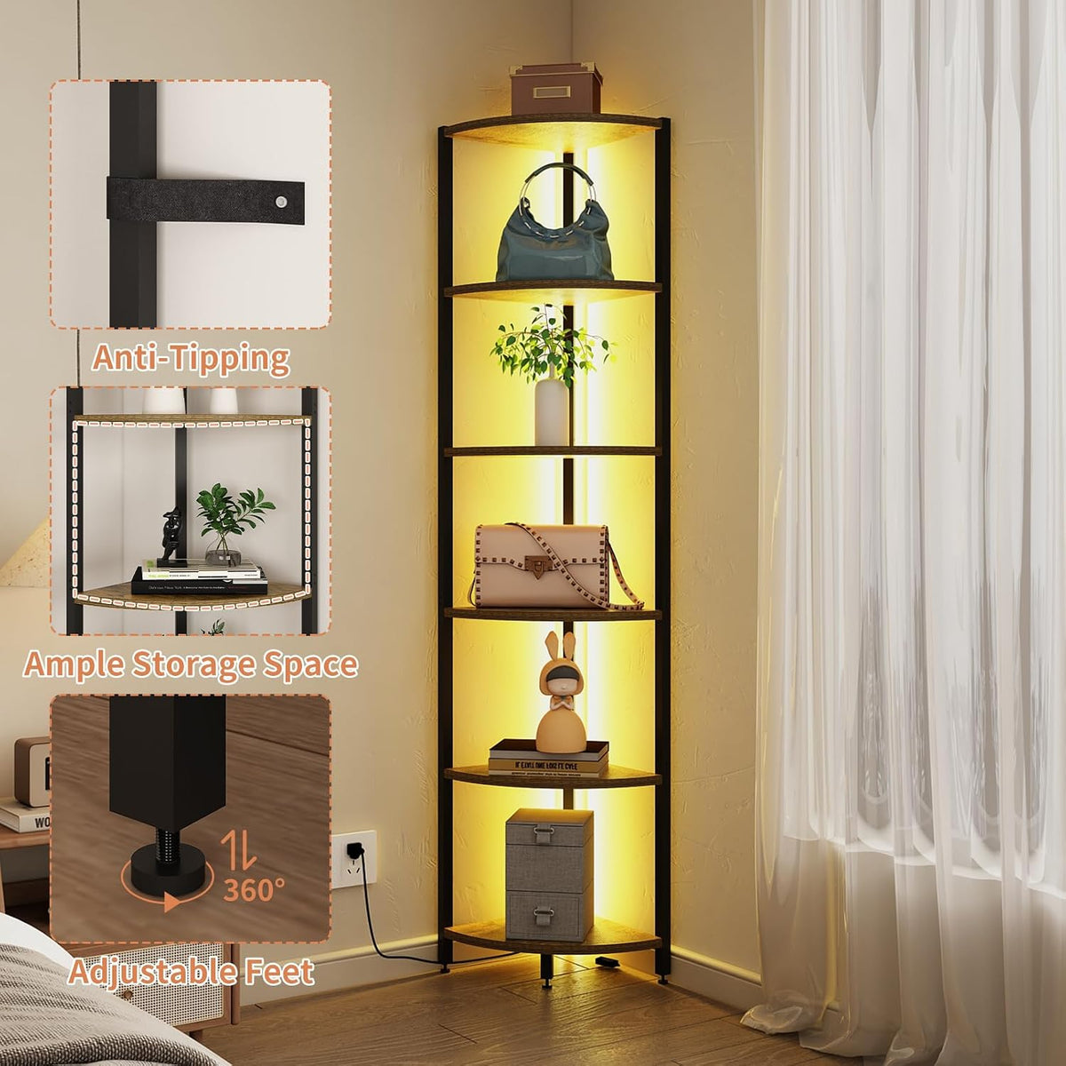 6-Tier Corner Shelf with LED Lights - 65" Tall Narrow Bookshelf, Standing Shelf with Storage Rack, Sturdy Metal Frame & Waterproof Shelves, Rustic Brown, for Living Room/Bedroom/Bathroom
