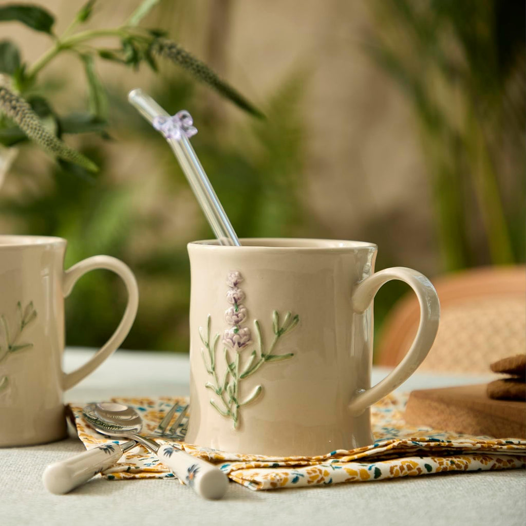 Artisanal Handcrafted Ceramic Mug with Sage Botanical Design - 10oz Off-White Stoneware Coffee Cup, Elegant Purple Sage Pattern, Dishwasher Safe, Comfort Grip Handle for Daily Use-4pack