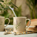 Artisanal Handcrafted Ceramic Mug with Sage Botanical Design - 10oz Off-White Stoneware Coffee Cup, Elegant Purple Sage Pattern, Dishwasher Safe, Comfort Grip Handle for Daily Use-4pack