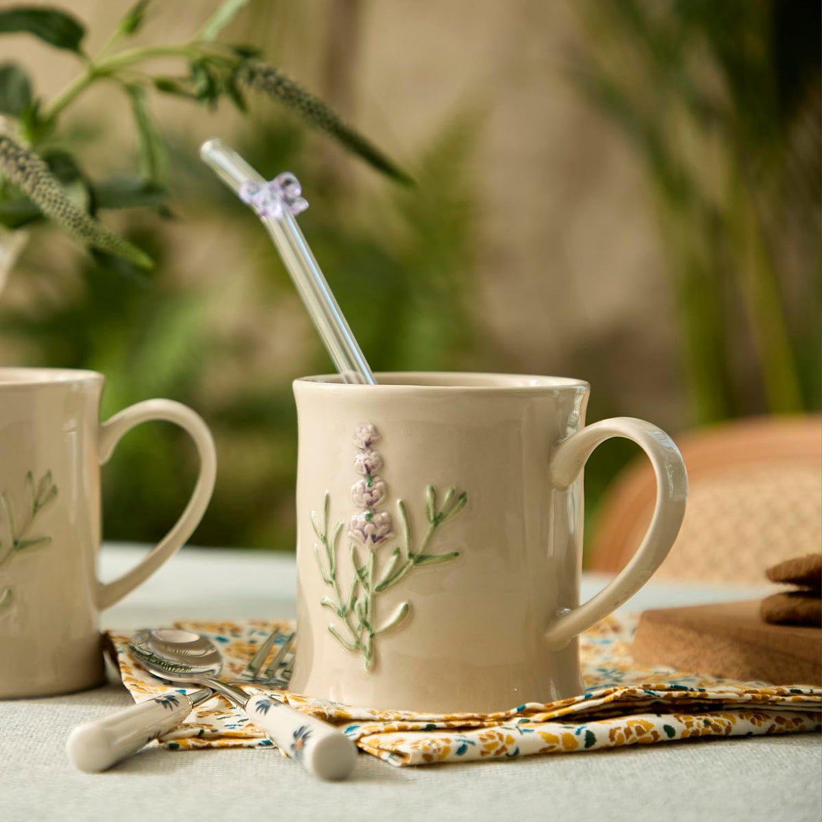 Artisanal Handcrafted Ceramic Mug with Sage Botanical Design - 10oz Off-White Stoneware Coffee Cup, Elegant Purple Sage Pattern, Dishwasher Safe, Comfort Grip Handle for Daily Use-4pack