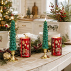 Lezonic Christmas Flameless Candles with Remote, Green Christmas Tree Flickering Battery Operated Window Candlesticks, Red Glass Xmas New Year Decorations Gifts, Set of 4 Real Wax LED Candles