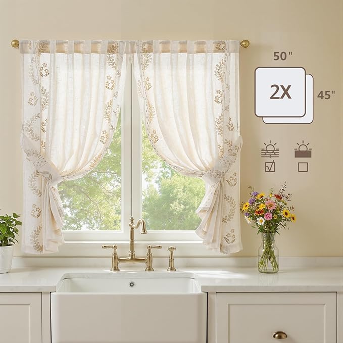 jinchan Belrose Linen Floral Cafe Curtains 45 Inch Length Embroidered Farmhouse - Image 5