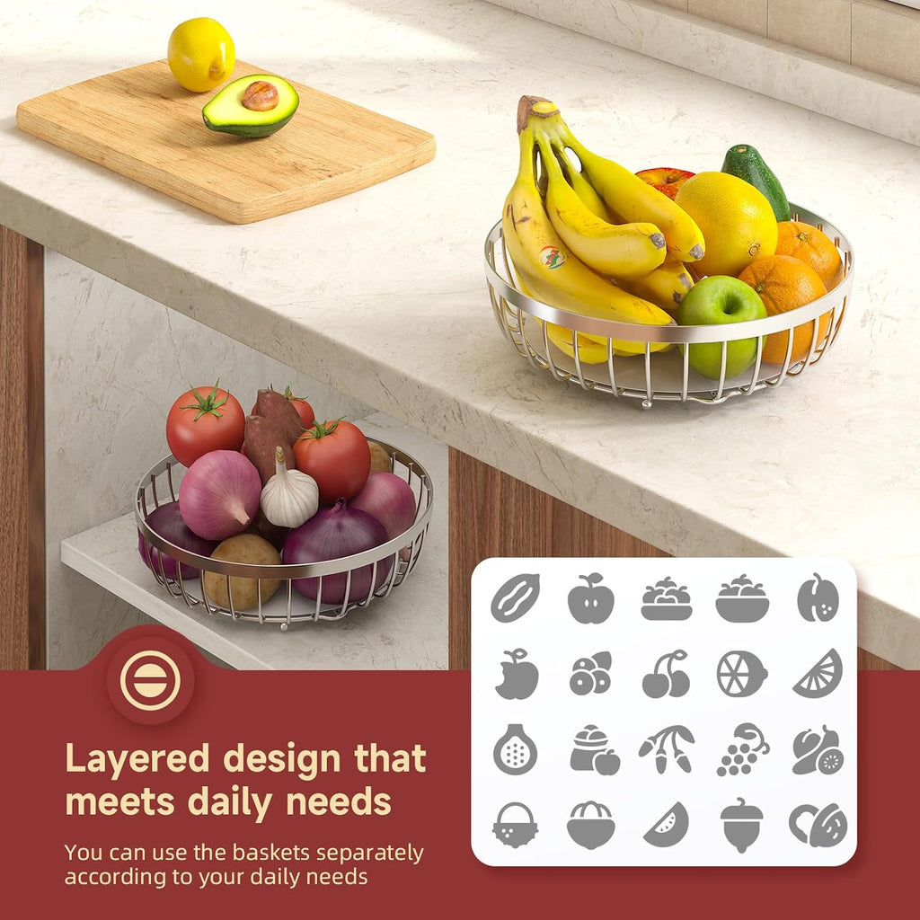 Sevenblue 2 Tier Fruit Bowl for Kitchen Counter with Banana Hangers, Silver