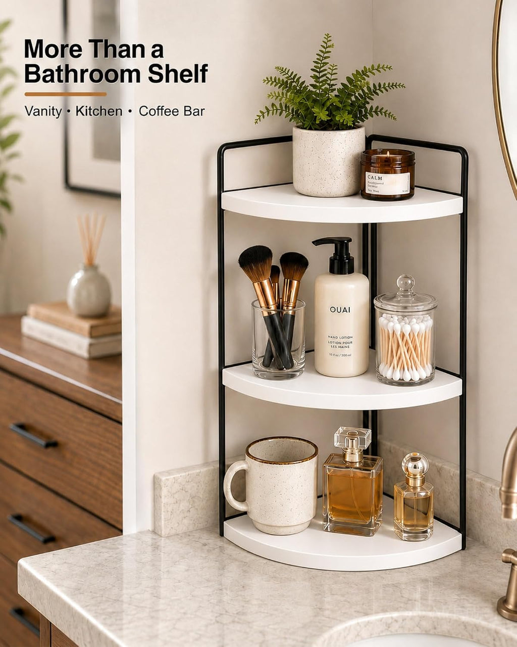 3-Tier Corner Bathroom Counter Organizer, Solid Pine Vanity Shelf, White