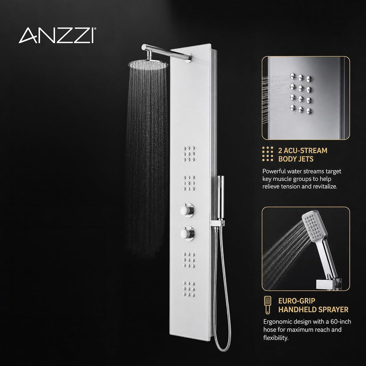 ANZZI Shower Panel 64"", Veld Series, Body Massage 2 Jetted Shower Panel