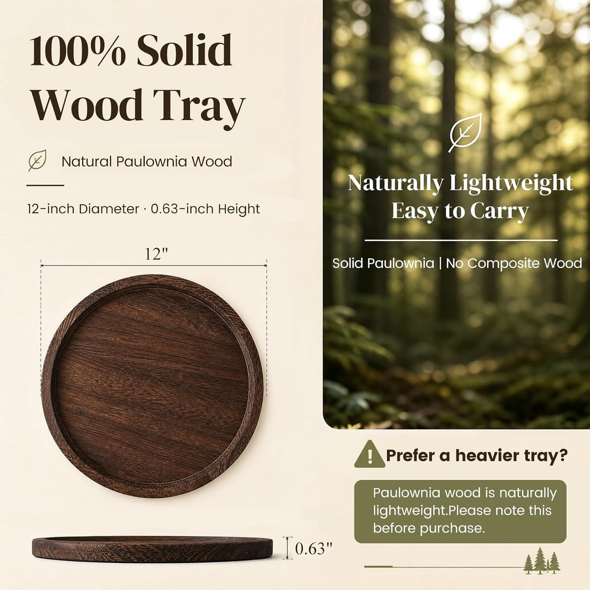 DomeStar 12 Inch Brown Solid Wood Rustic Farmhouse Tray