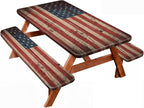 Chumia 3 Pcs American Flag Theme Picnic Table Cover with Bench Covers