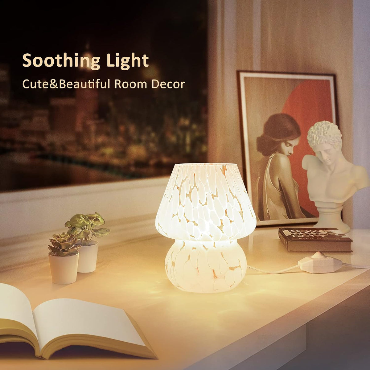 ONEWISH Mushroom Lamp Small Bedside Table Lamp-Nightstand Nightlight Dimmable Stepless, Translucent Glass White Desk Lamp for Bedroom Dorm Living Kitchen, Murano Style Aesthetic Cute Home Decor