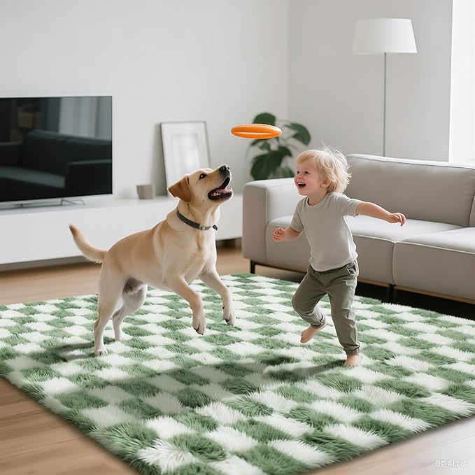Area Rugs for Bedroom Living Room, 6x9 Green and White Fluffy Soft Checkered - Image 3
