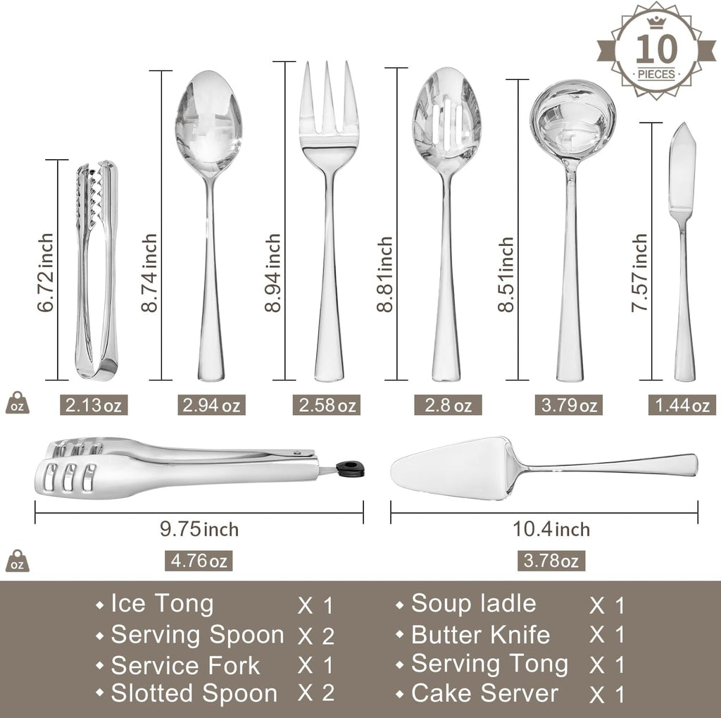 10 Piece 18/10 Serving Utensils Set, Stainless Steel Serving Set
