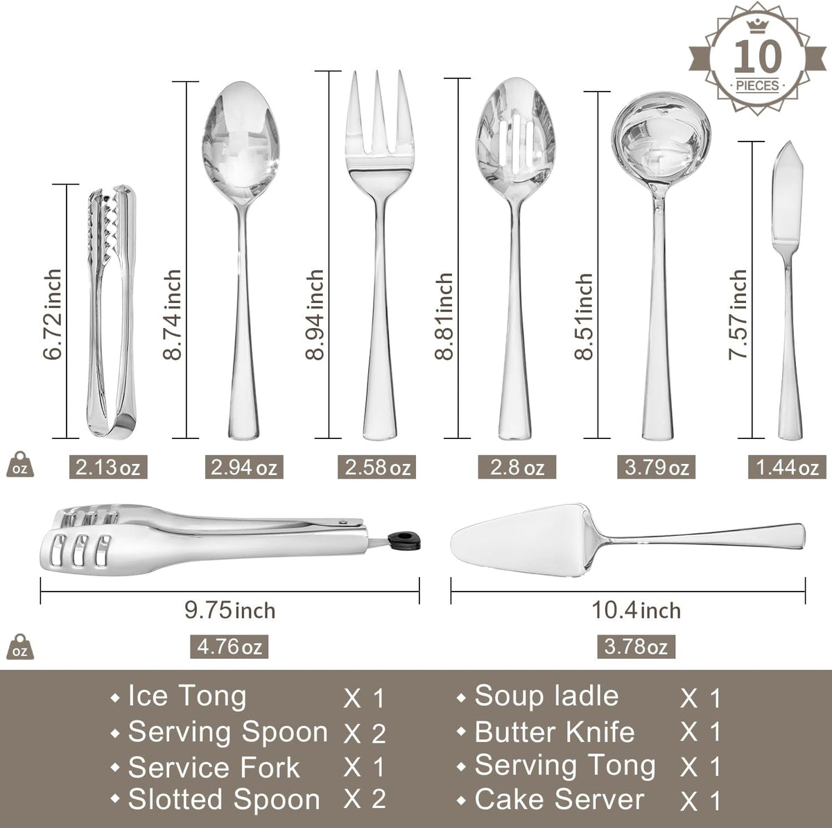 10 Piece 18/10 Serving Utensils Set, Stainless Steel Serving Set