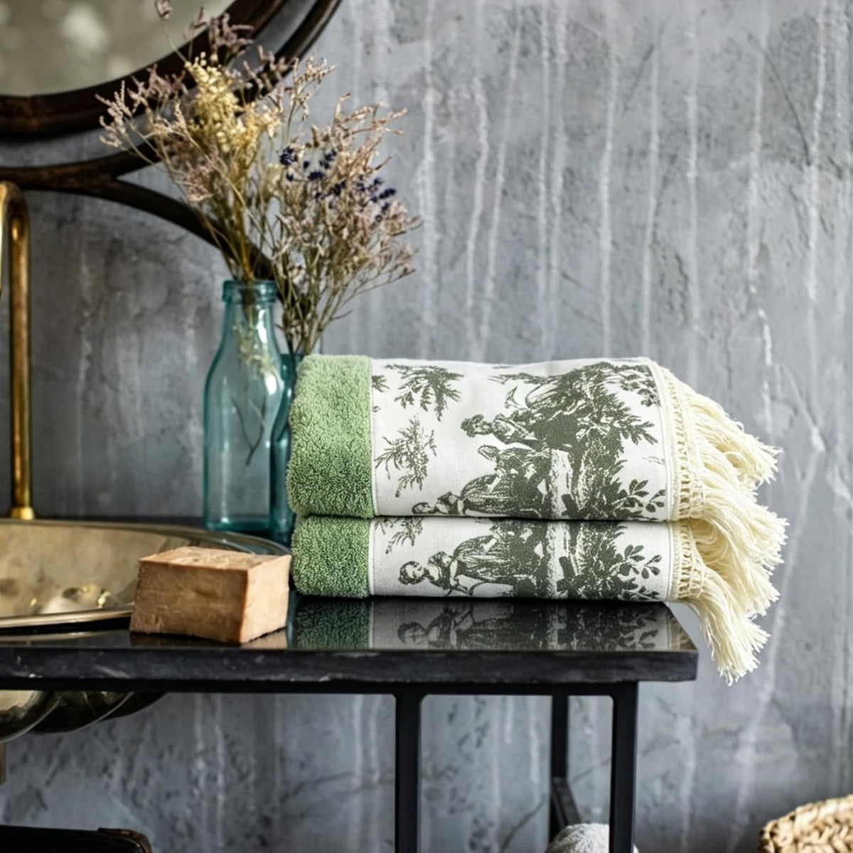 2 Pack Sage Green Hand Towels with Tassels for Bathroom Kitchen Decor, 13x32Inch 100% Cotton Ultra Soft Highly Absorbent,Farmhouse Vintage Towels for French Country Decor