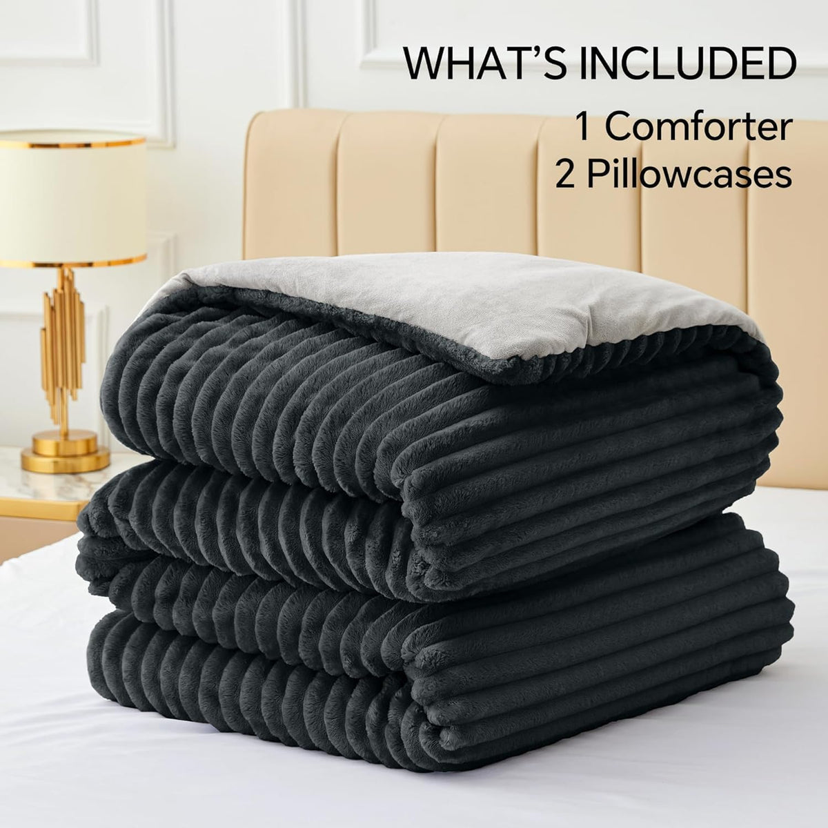 BEDELITE Fleece Queen Comforter Set, Fluffy Bed Set, Black