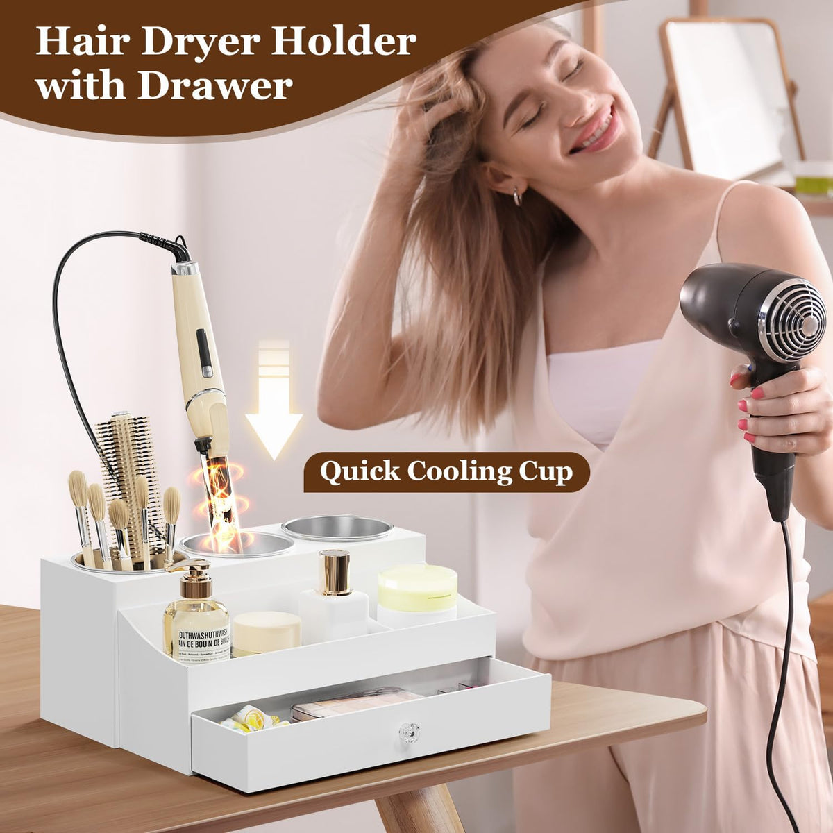 Hot Hair Styling Tool Organizer with Drawer & 3 Cooling Cups, White