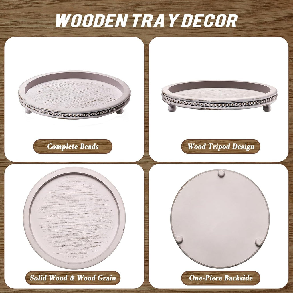 Handmade Wooden Decorative Tray, Small Beaded Coffee Table Tray Decor, Grey Round Decorative Tray for Coffee Table, Dining Room Table Entryway and Living Room Table