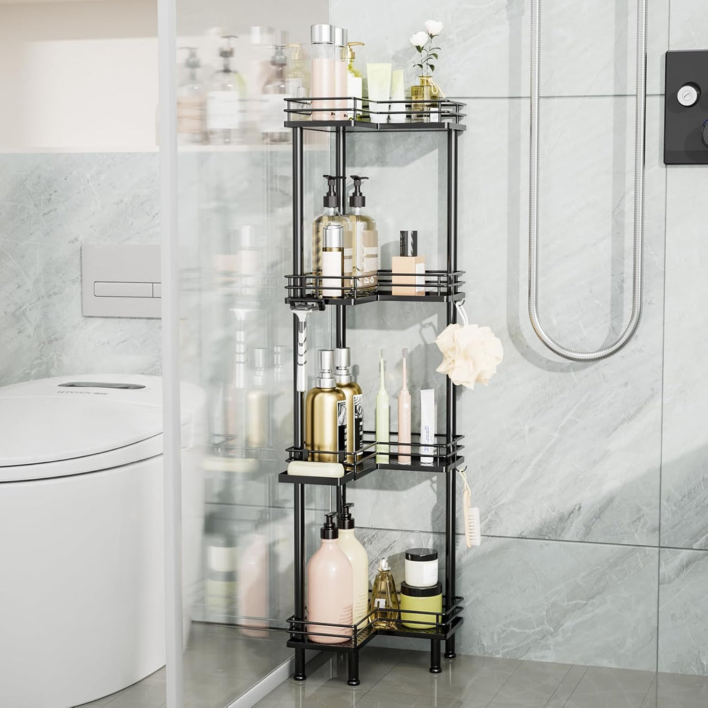 Corner Shower Caddy Standing - 4-Tier Stainless Steel Shower Organizer with Soap Holder and 4 Hooks, Large Capacity Corner Shelf Stand for Bathroom, Rest Room, Black