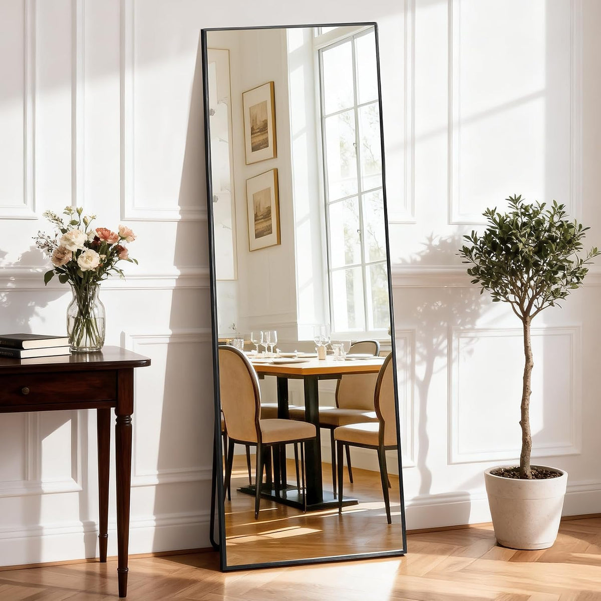 DUMOS 56"x15" Full Length Mirror with Stand, Full Body Mirror, Black