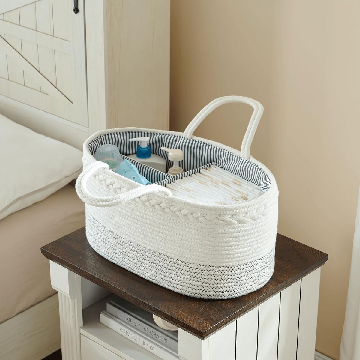 Diaper Caddy Organizer, Large Cotton Rope Nursery Baby Basket, Changing Table Organizer for Baby Diaper Storage, Portable Car Organizer Removable Divider (Off White, Extra Large)
