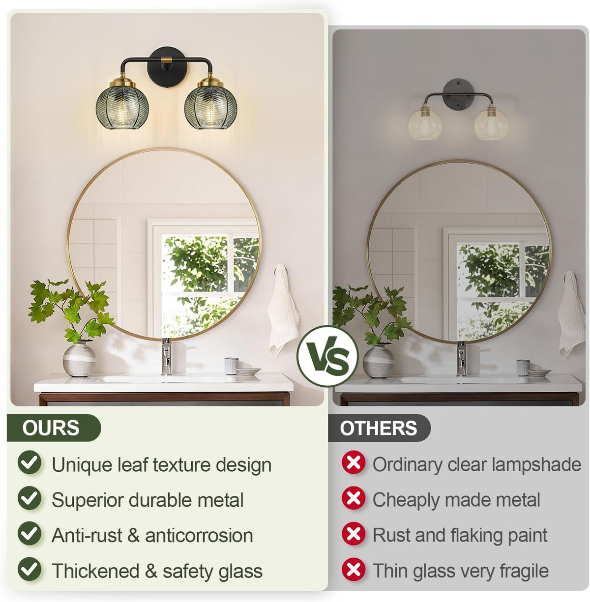 MOKATNG Bathroom Light Fixtures, 2-Light Green Vanity Lights with Unique Leaf Texture Glass Shade, Modern Matte Black and Gold Bathroom Wall Lamp for Mirror Hallway Cabinet Living Room