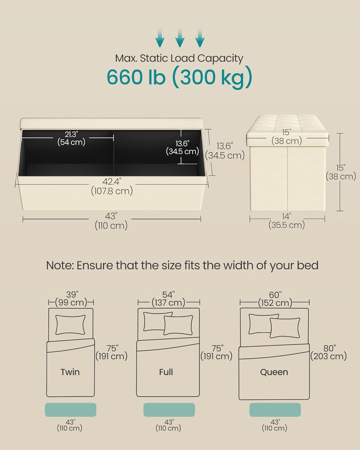 SONGMICS 43.3 Inches Folding Storage Ottoman Bench, Load 660 lb