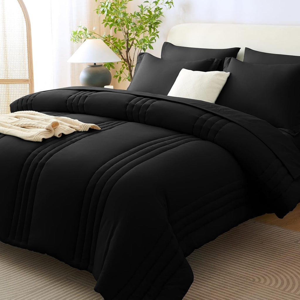 CozyLux Queen Comforter Set Black - 7 Pieces Vertical Quilted Bed in a Bag