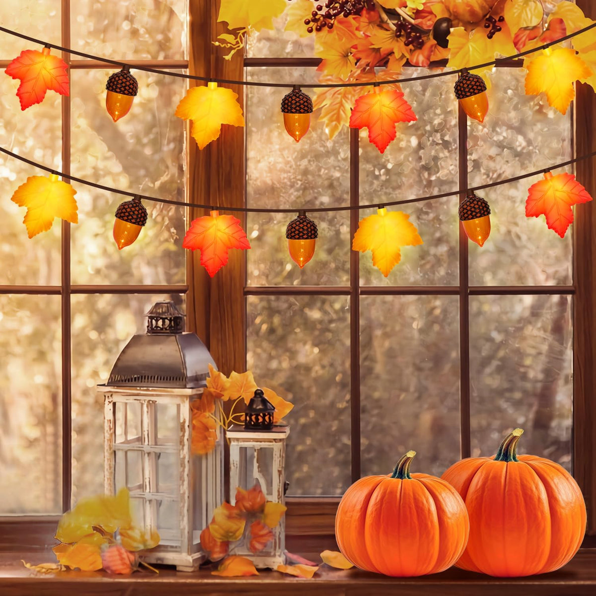 8.5Ft Fall Decor Maple Leaves Acorn Lights String, Fall String Lights Plug in with 10 LED Yellow/Orange Maple Leaf Acorn Light for Home Porch Fireplace Autumn Harvest Party Thanksgiving Decor, 0.48W